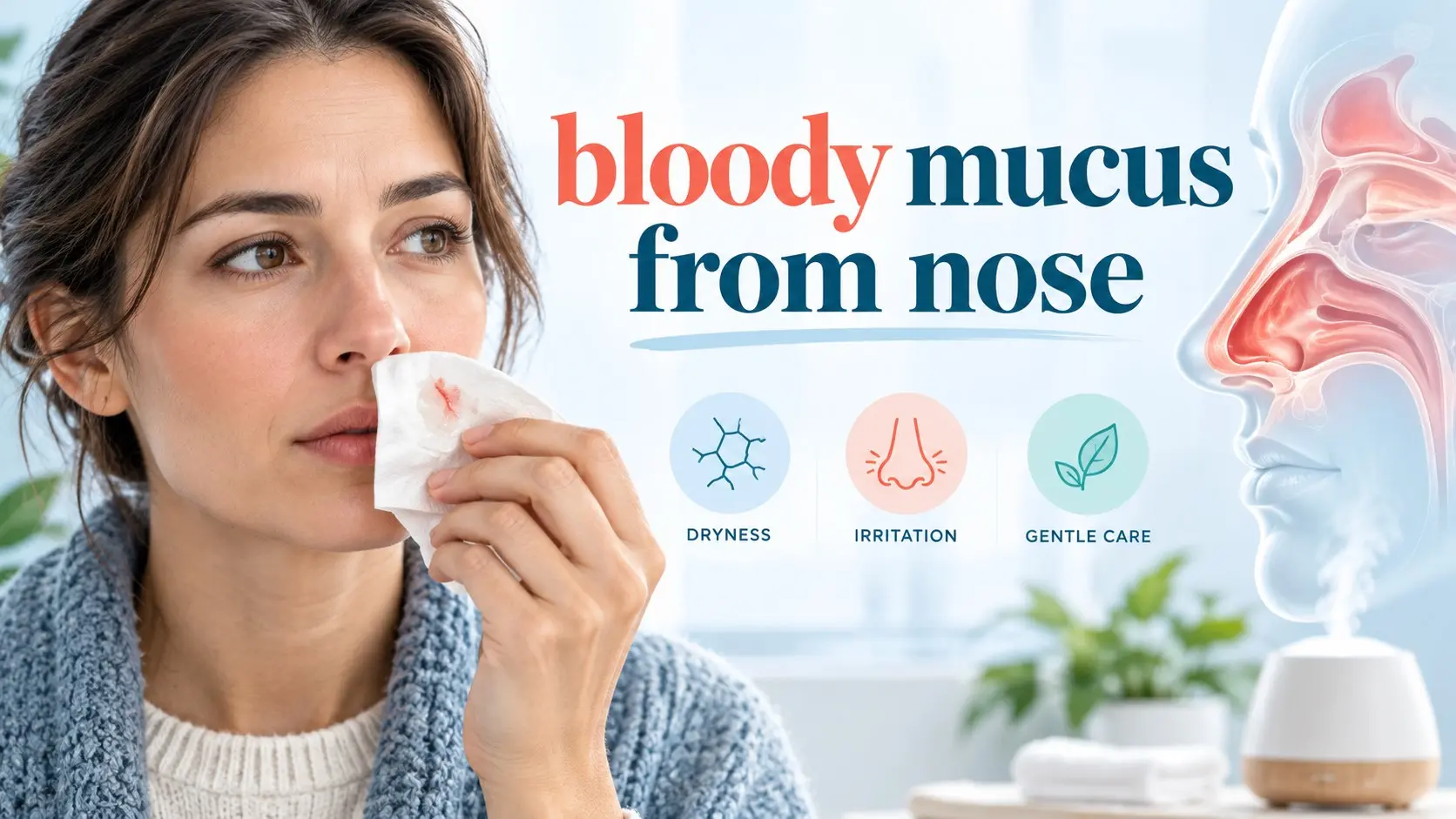 Bloody mucus from nose guide showing dry nasal tissue, epistaxis, allergies, sinus irritation, and safe nosebleed care