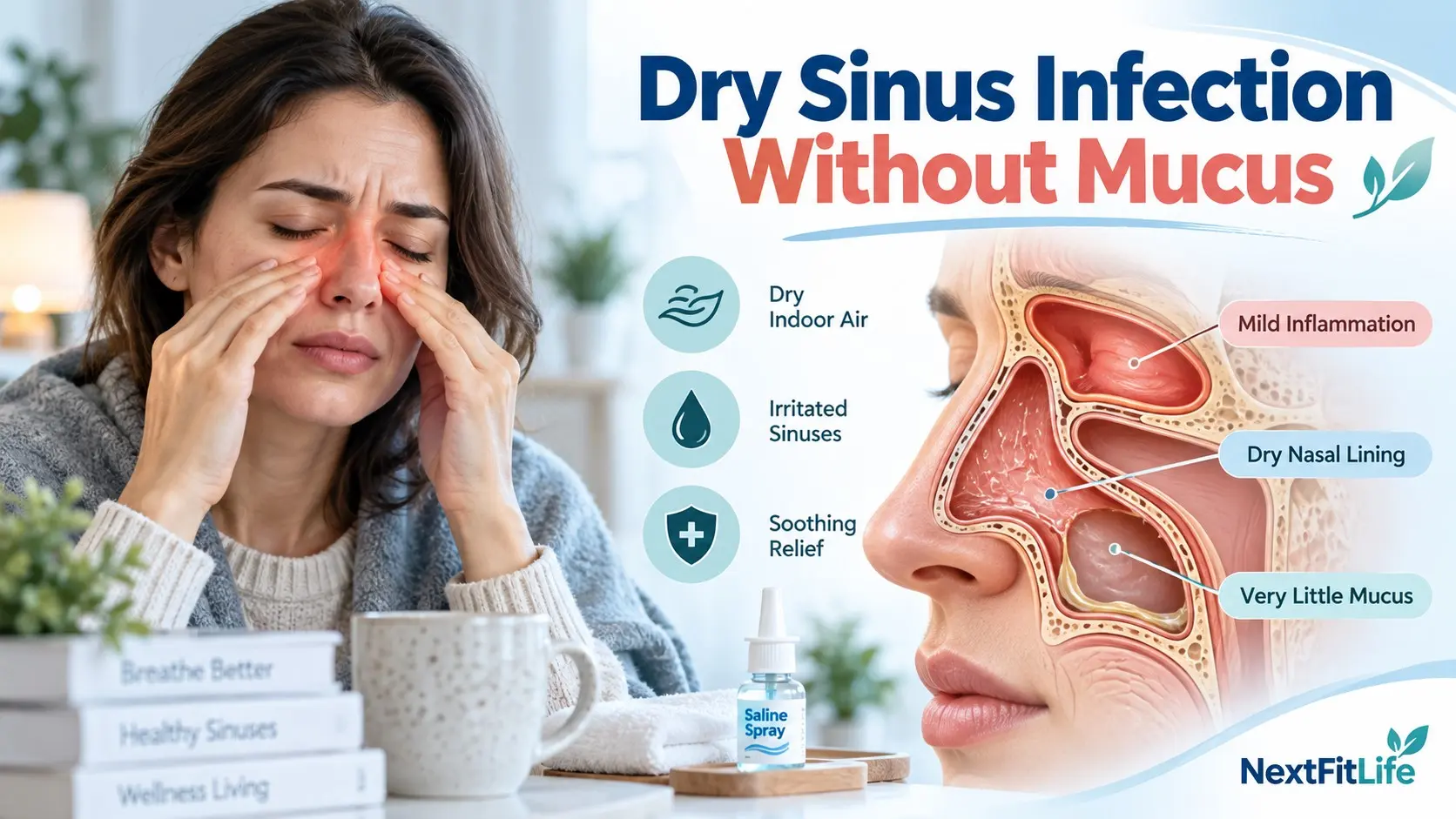 Dry sinus infection without mucus guide showing nasal dryness, sinus pressure, inflamed sinuses, saline care, and facial discomfort