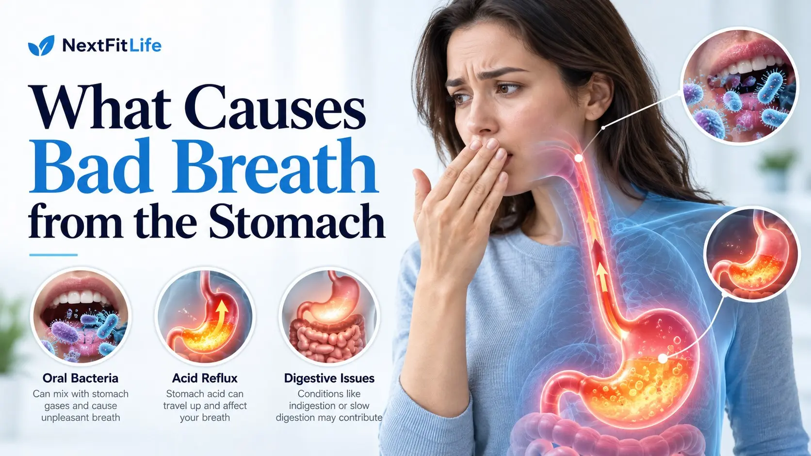 What causes bad breath from the stomach guide showing reflux, stomach health, oral bacteria, tongue cleaning, and digestive causes