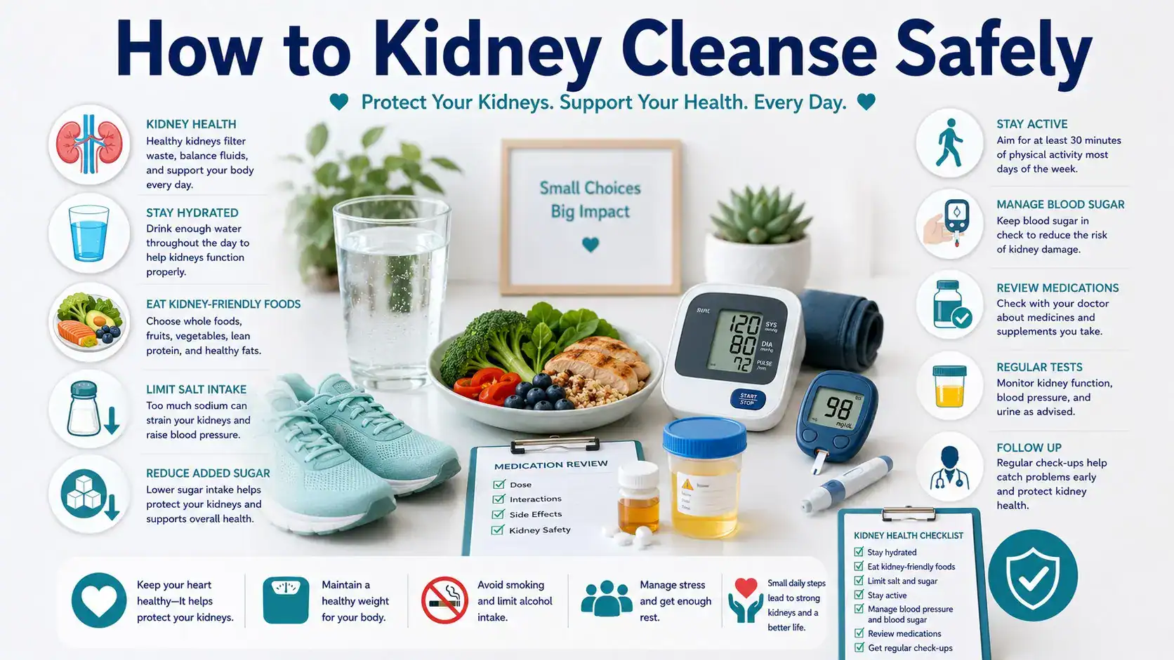How to Kidney Cleanse safely guide with kidney icon, water glass, blood pressure monitor, healthy plate, low salt, diabetes check, medicine review, urine test, and doctor checklist icons.