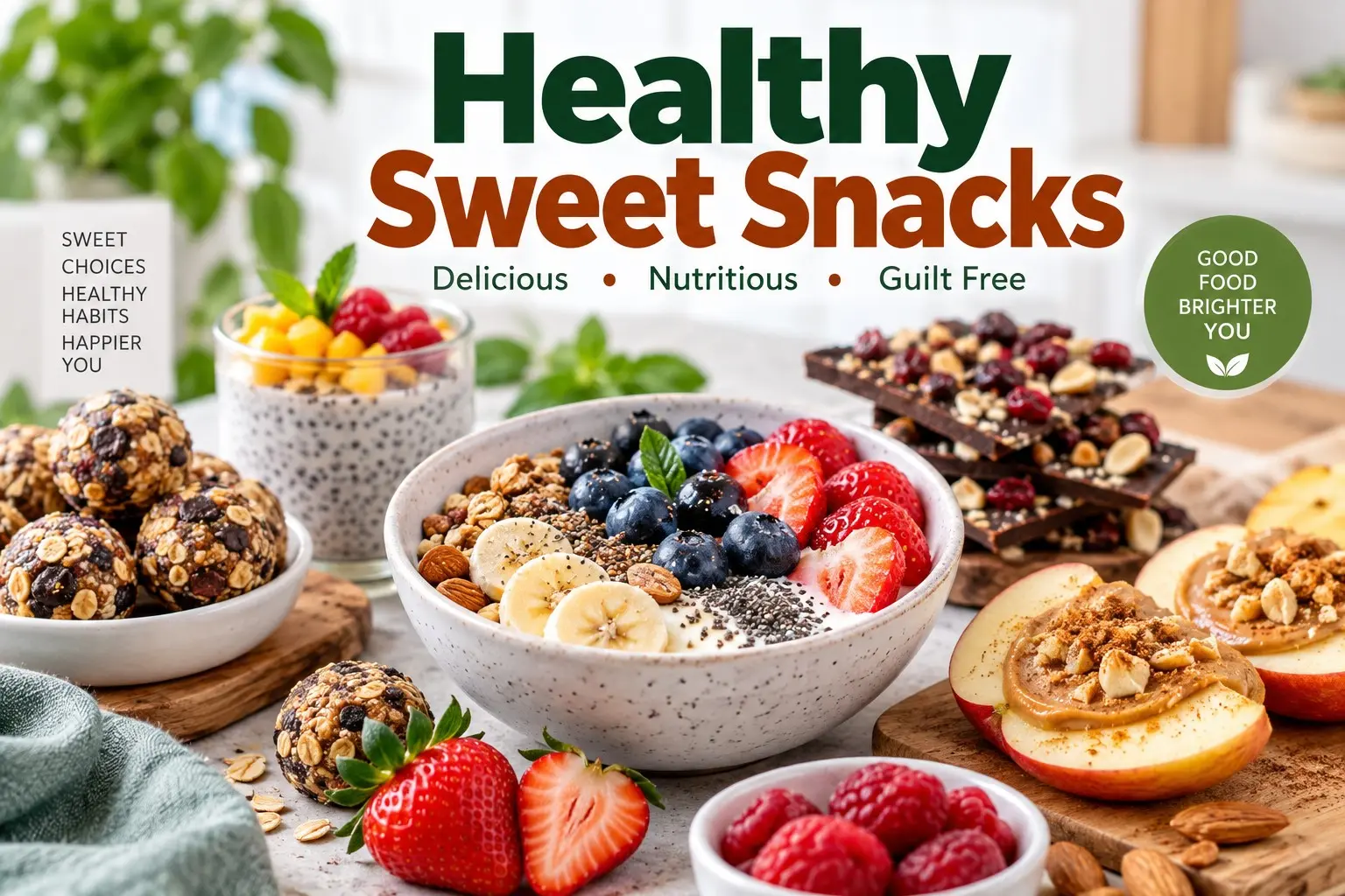 Healthy Sweet Snacks with fruit Greek yogurt oats dark chocolate chia pudding nuts and nut butter