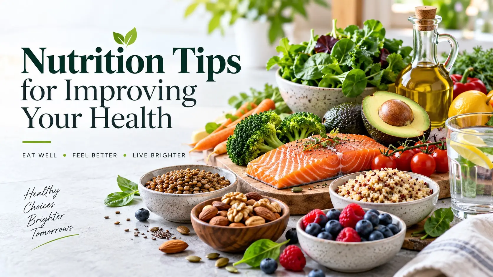 Nutrition Tips for Improving Your Health with vegetables, fruit, whole grains, healthy protein, nuts, olive oil, and water.