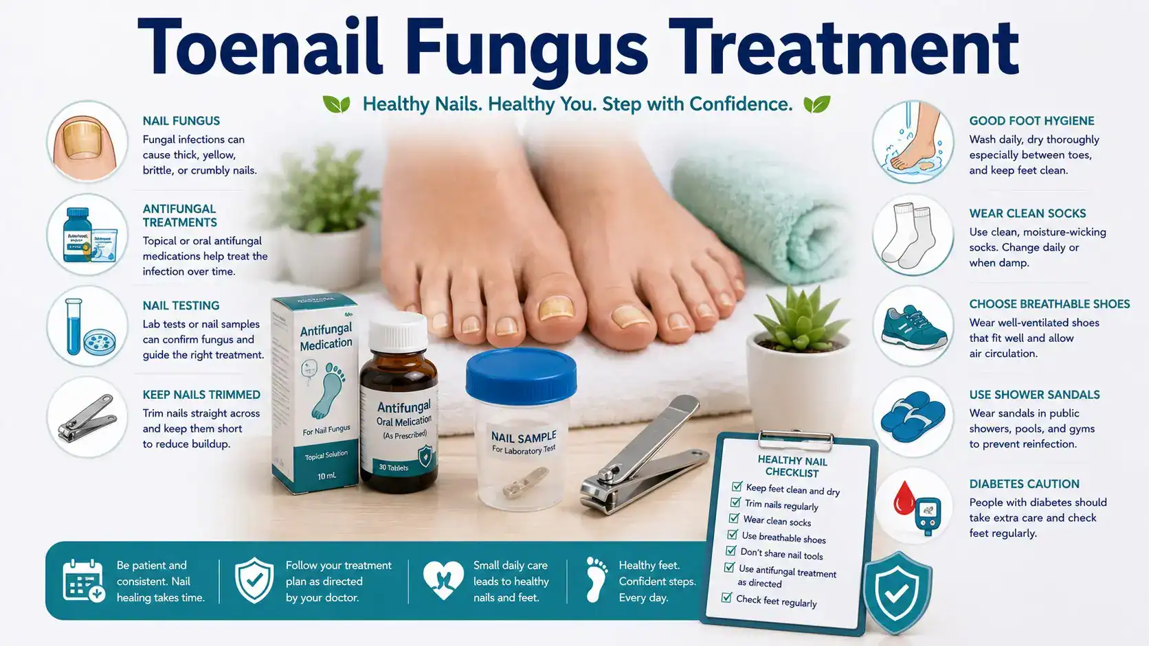 Toenail Fungus Treatment guide with thick yellow toenail icon, antifungal medicine, nail sample test, foot hygiene, clean socks, shower sandals, diabetes warning, and doctor checklist icons.