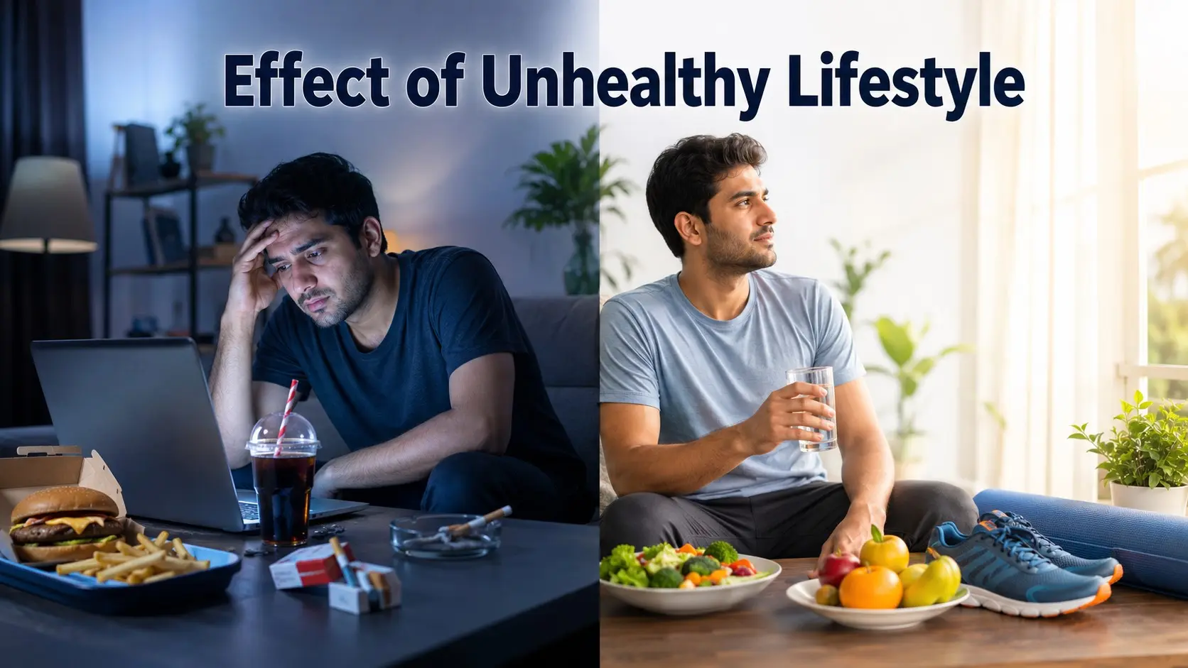 ffect of Unhealthy Lifestyle shown through poor sleep, inactivity, unhealthy food and stress, with healthier habits such as walking and balanced meals