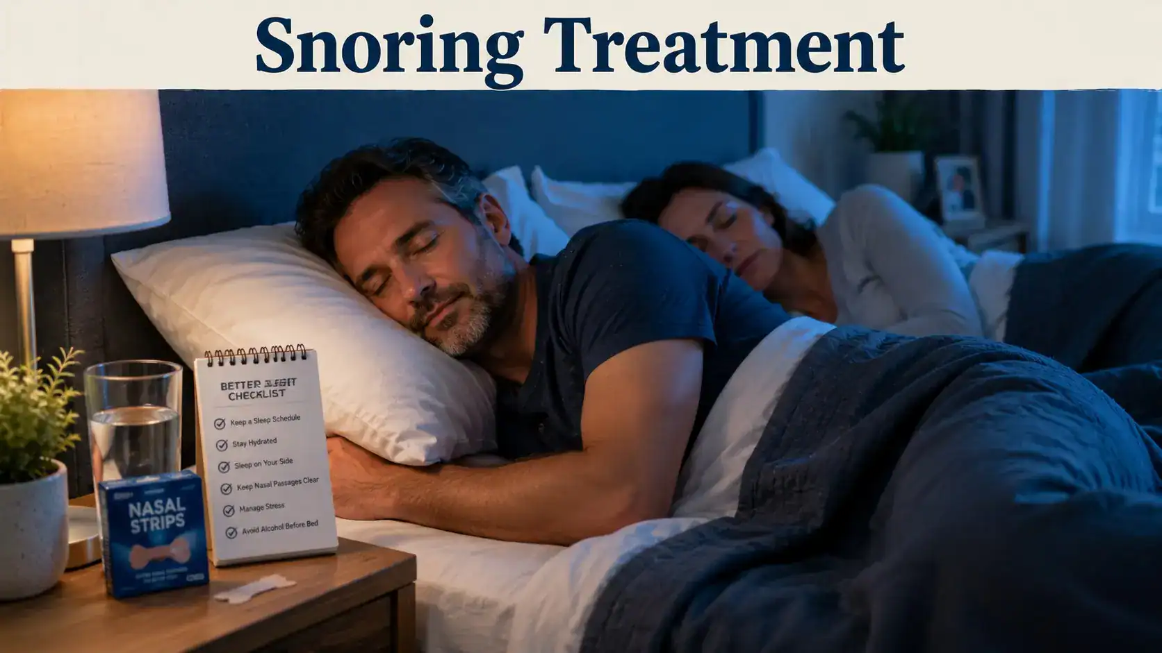 snoring treatment - Adult sleeping quietly on their side while a partner rests nearby, representing snoring treatment, better airway position, nasal care, and healthy sleep
