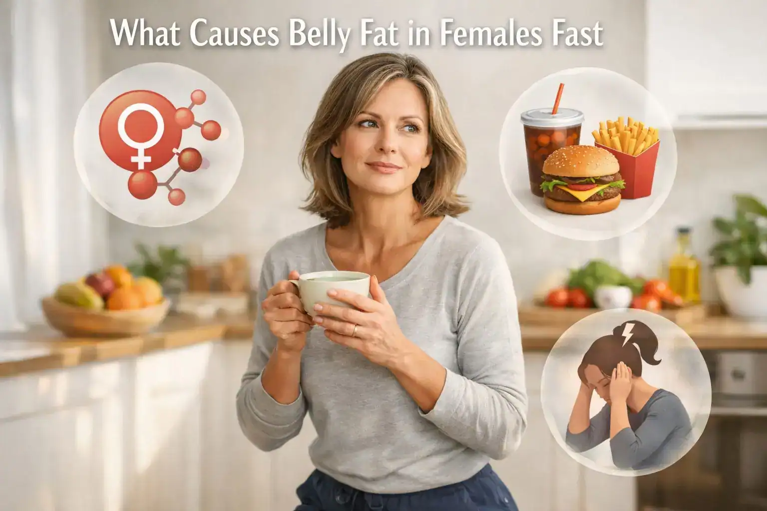 Woman in her 40s understanding what causes belly fat in females โ standing in a bright kitchen illustrating the hormonal, dietary and lifestyle causes of abdominal fat in women