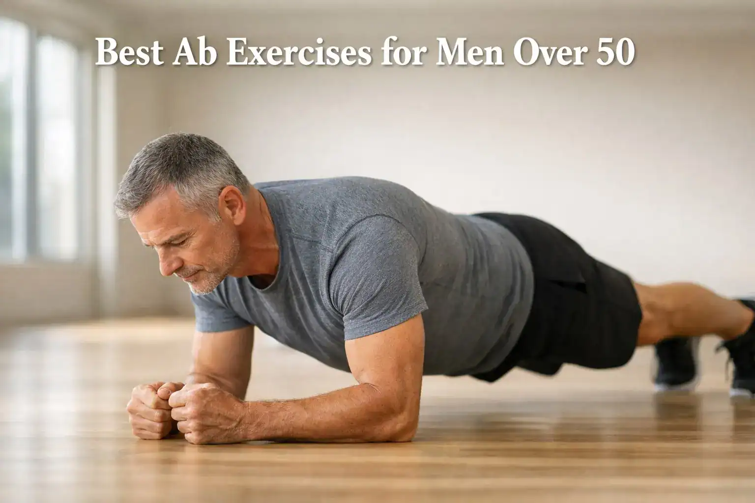 Fit middle-aged man (around 50s) performing a forearm plank with perfect form on a clean gym floor, wearing a grey t-shirt and dark shorts, in a bright minimal gym with natural light and soft background blur, with the title โBest Ab Exercises for Men Over 50โ at the top.