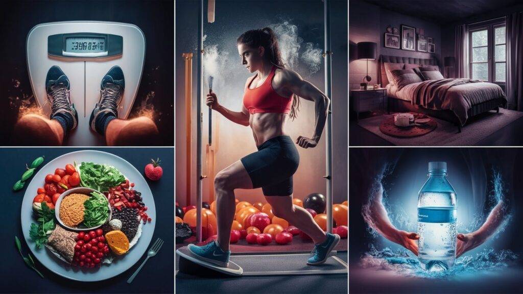 Illustration combining a scale, balanced meal, exercise, sleep and drinking water.