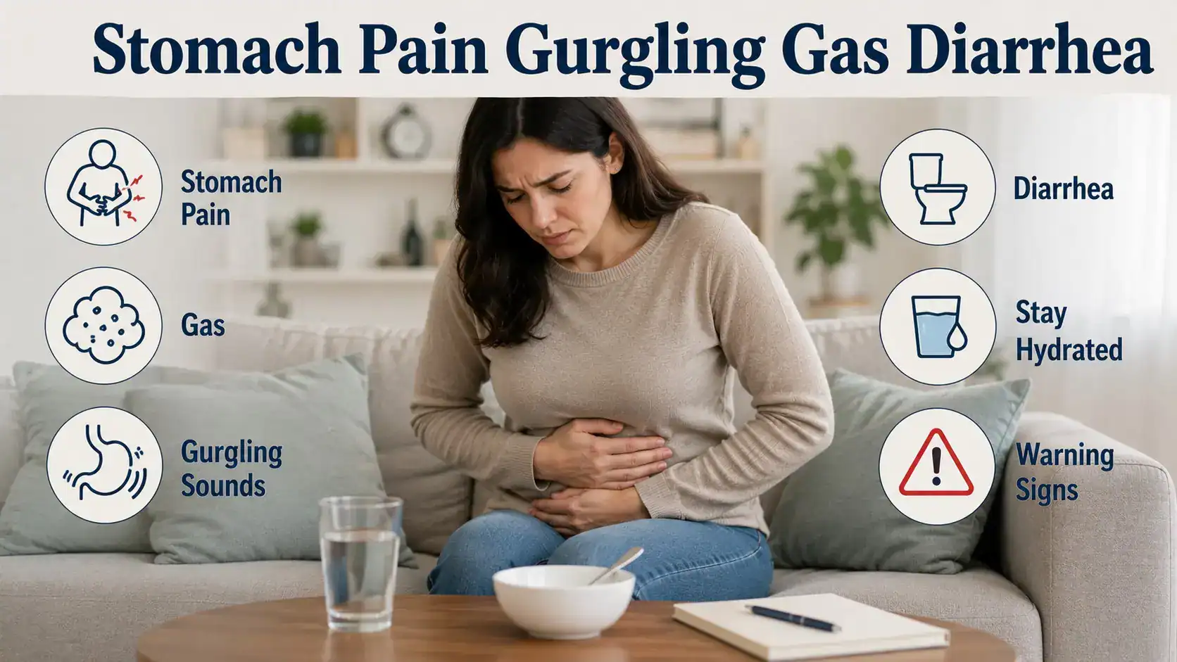 Woman holding her abdomen beside water, with labels for stomach pain, gas, diarrhoea, hydration and warning signs.