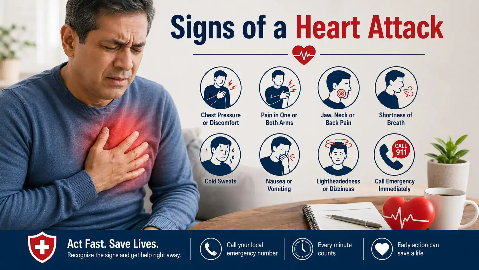 Signs of a Heart Attack guide showing chest pressure, arm pain, jaw pain, shortness of breath, cold sweat, nausea, and emergency call icons