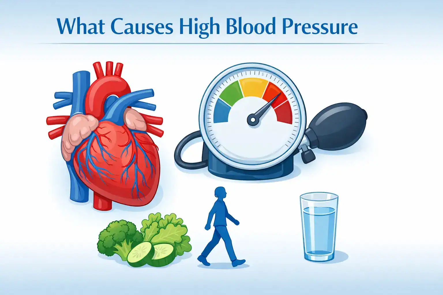 Doctors show blood pressure monitor reading with healthy foods and exercise symbols representing natural ways to prevent high blood pressure
