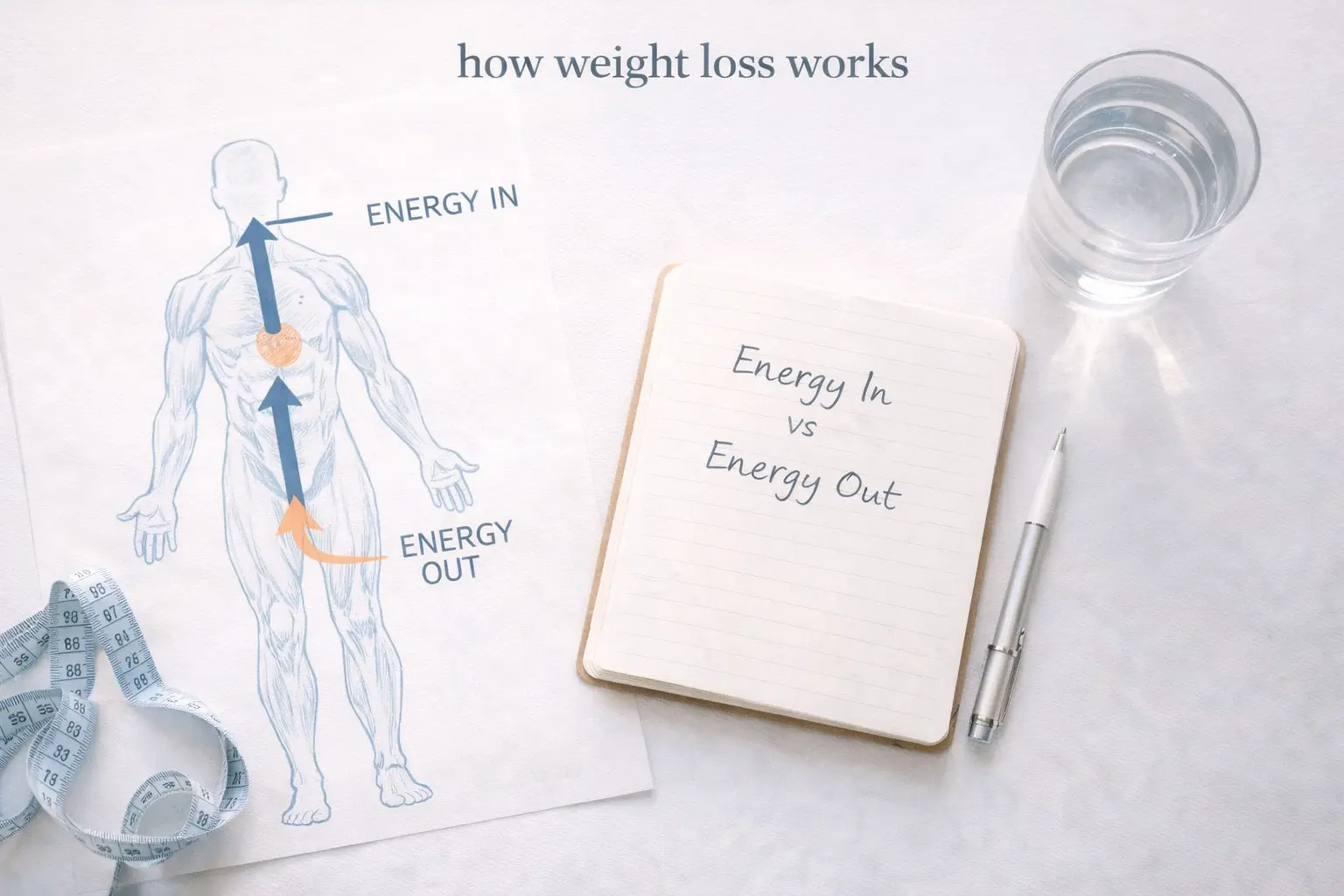 Science diagram showing how weight loss works through energy balance and calorie deficit