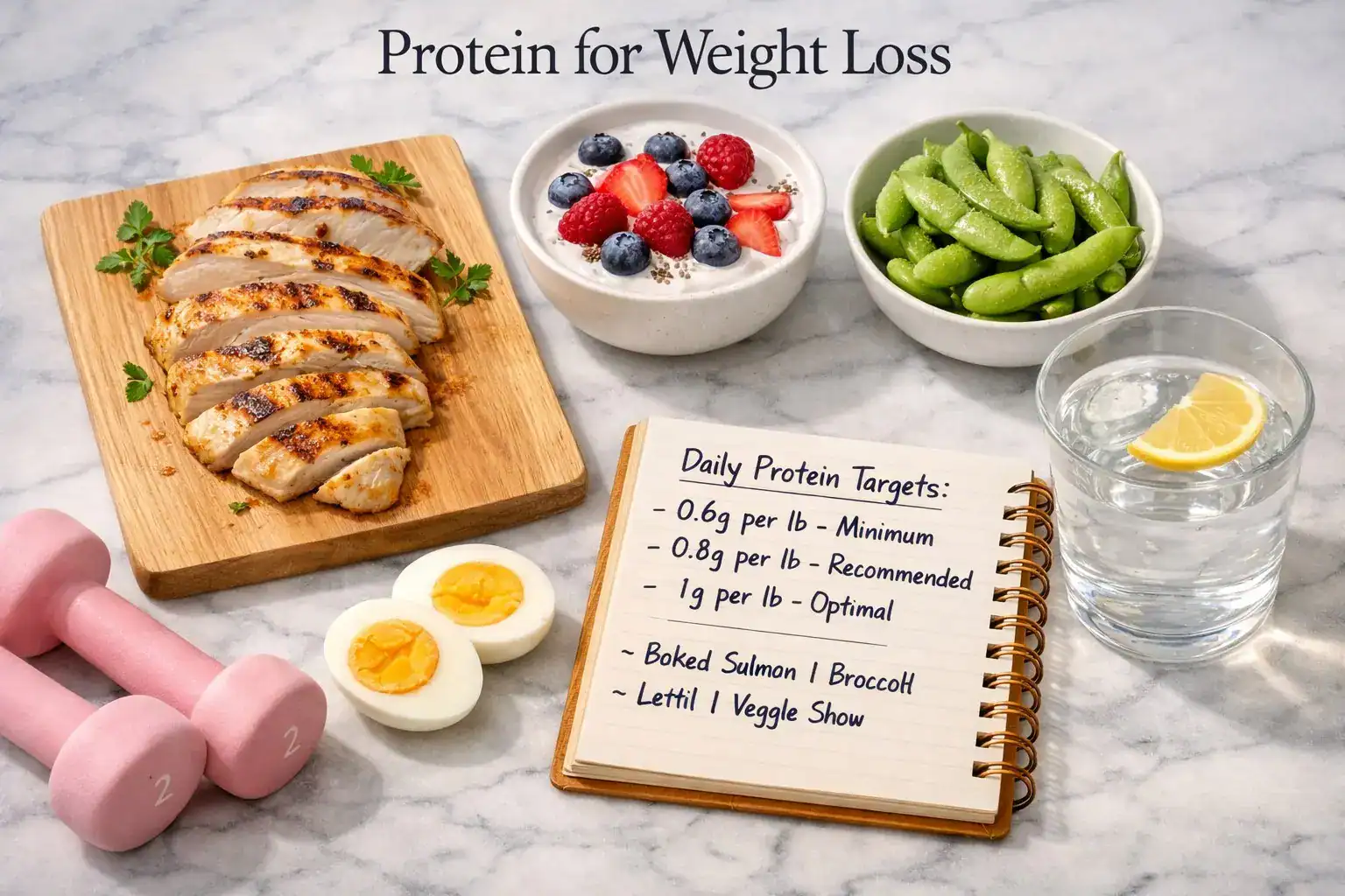 Chicken eggs Greek yoghurt edamame and protein targets note representing protein for weight loss on white marble