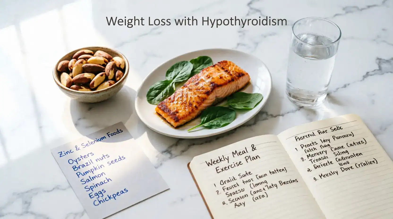 Brazil nuts salmon water and meal plan notebook representing weight loss with hypothyroidism through diet and exercise