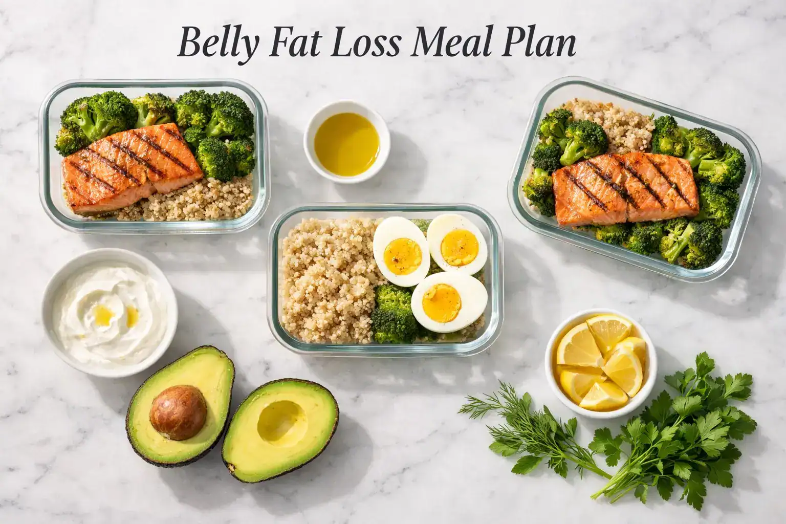 Belly fat loss meal plan โ weekly meal prep flat lay with grilled salmon, eggs, Greek yogurt, broccoli, and quinoa arranged in glass containers on a white marble surface