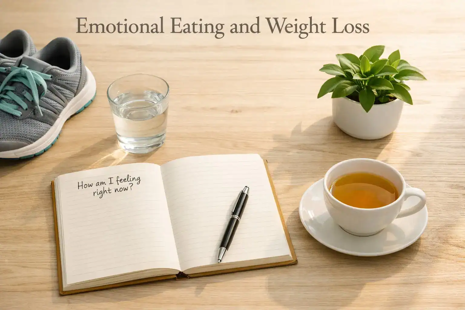 Flat lay on a light wooden surface showing an open journal with โHow am I feeling right now?โ written on the page, a glass of water, running shoes, a small plant, and a cup of herbal tea โ representing mindfulness and balance in Emotional Eating and Weight Loss.