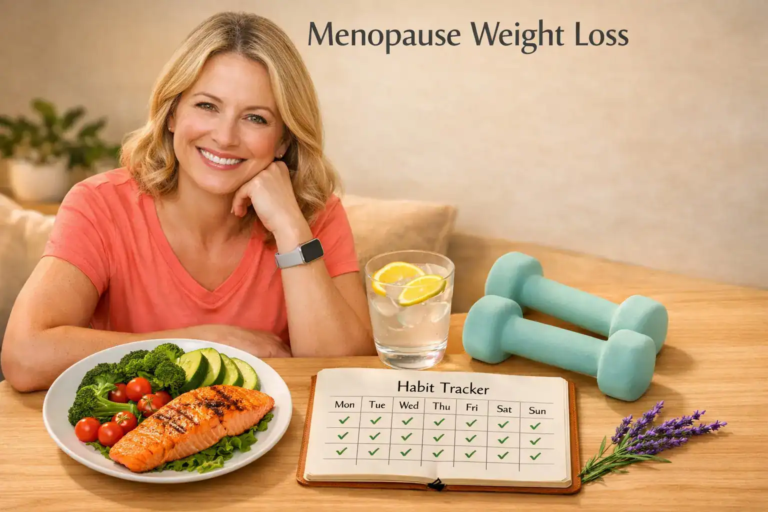 **Short ALT text with title included:** Menopause Weight Loss โ smiling woman at table with healthy meal, lemon water, dumbbells, and habit tracker.