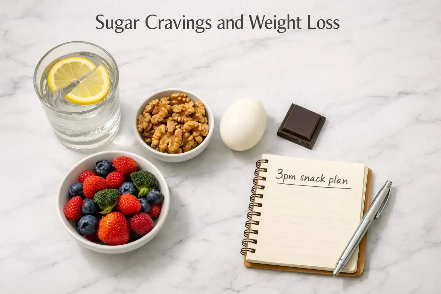 Water berries nuts egg dark chocolate and snack plan representing strategies to stop Sugar Cravings and Weight Loss