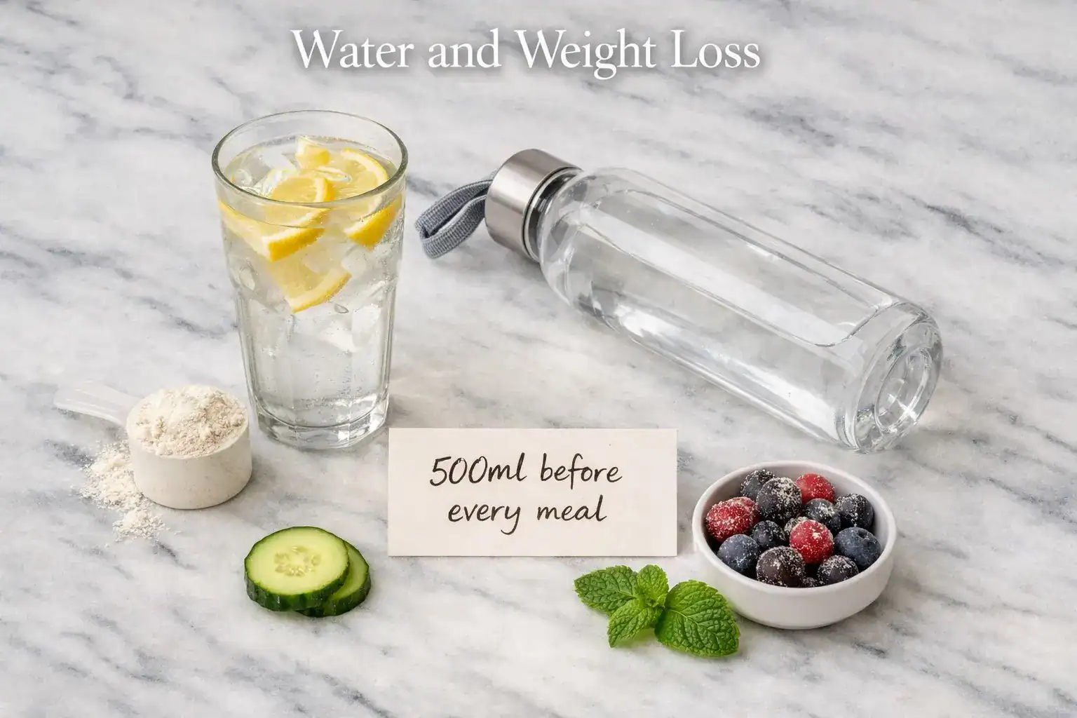 Glass of water with lemon water bottle and meal timing card representing water and weight loss habits