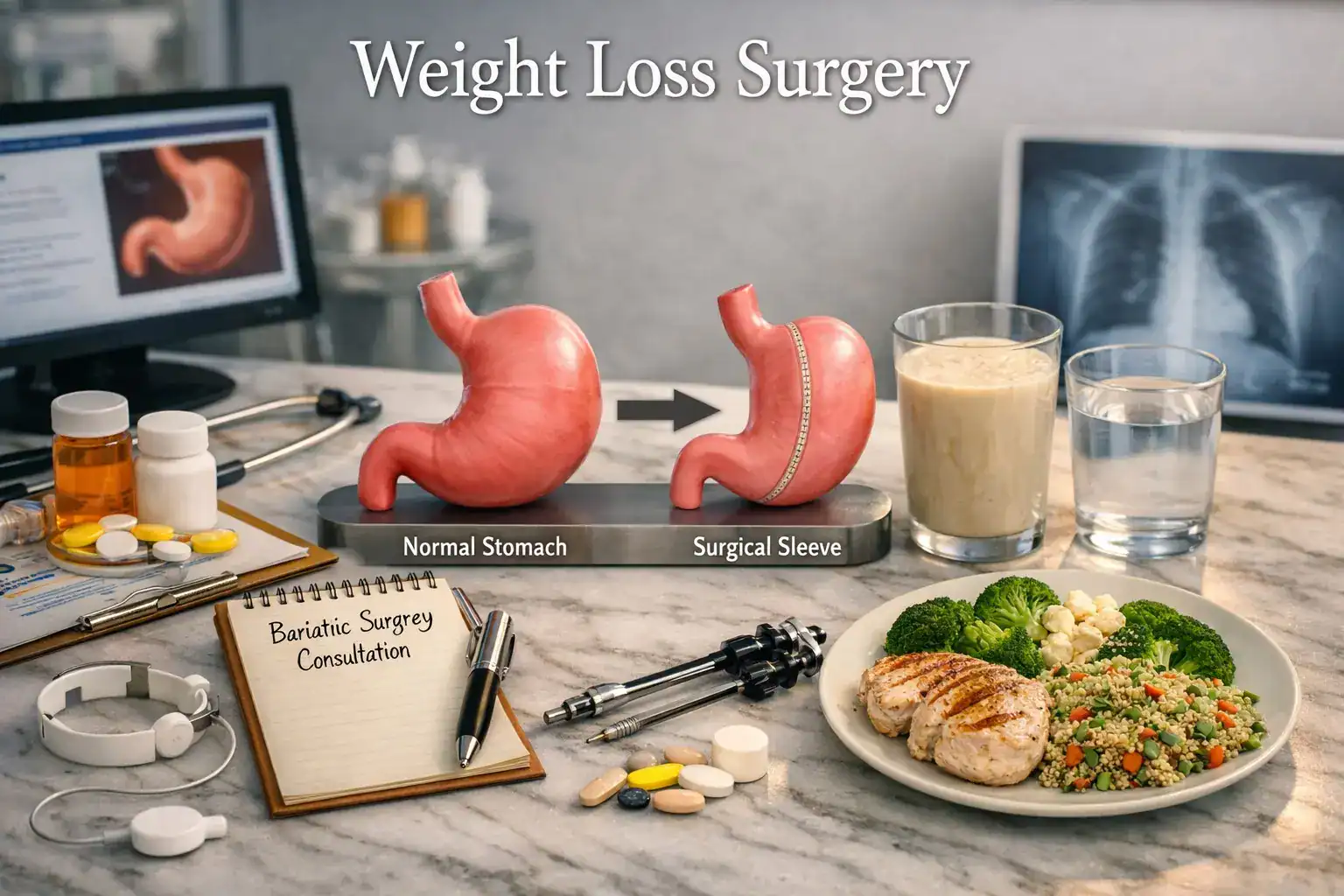 Realistic clinical scene showing anatomical stomach models, surgical instruments, supplements, and a healthy meal — illustrating Weight Loss Surgery and its evidence‑based overview for 2026.