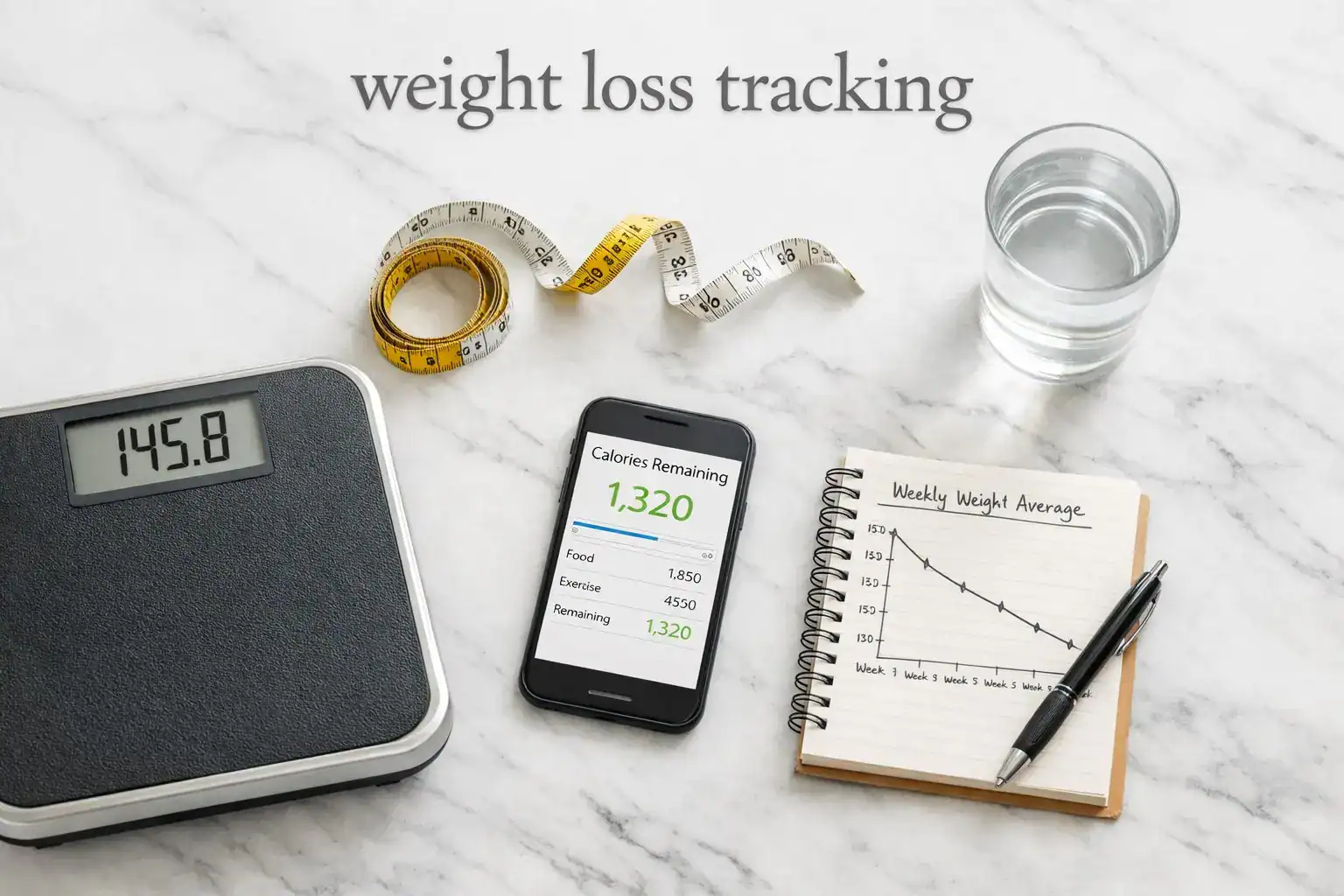Bathroom scale phone with tracking app tape measure and weight chart representing weight loss tracking progress monitoring