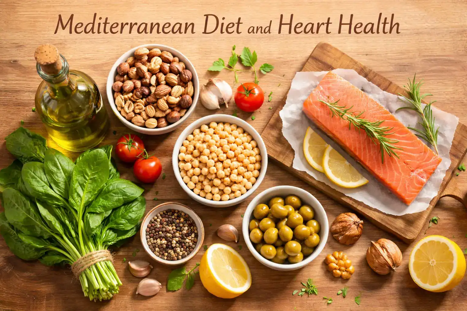 Mediterranean diet and heart health foods including olive oil salmon nuts lentils and vegetables shown to reduce heart attack risk by 30 percent in the PREDIMED trial