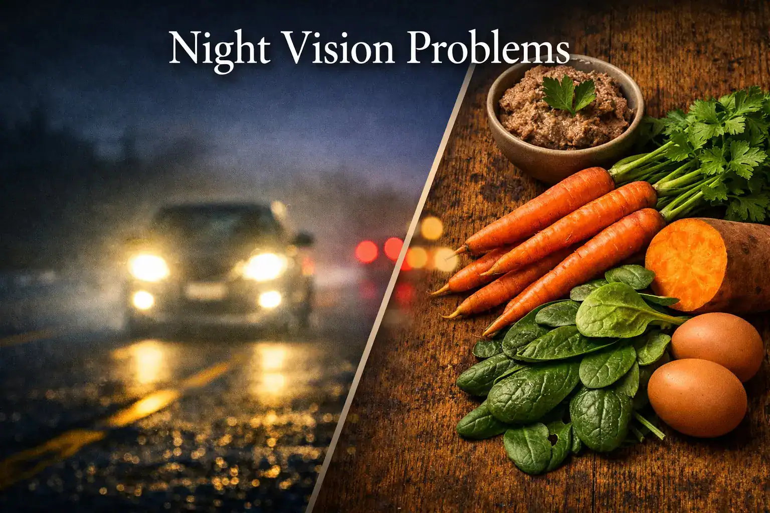 Foods that improve night vision, including carrots sweet potato eggs and spinach showing natural remedies for night vision problems and poor dark adaptation