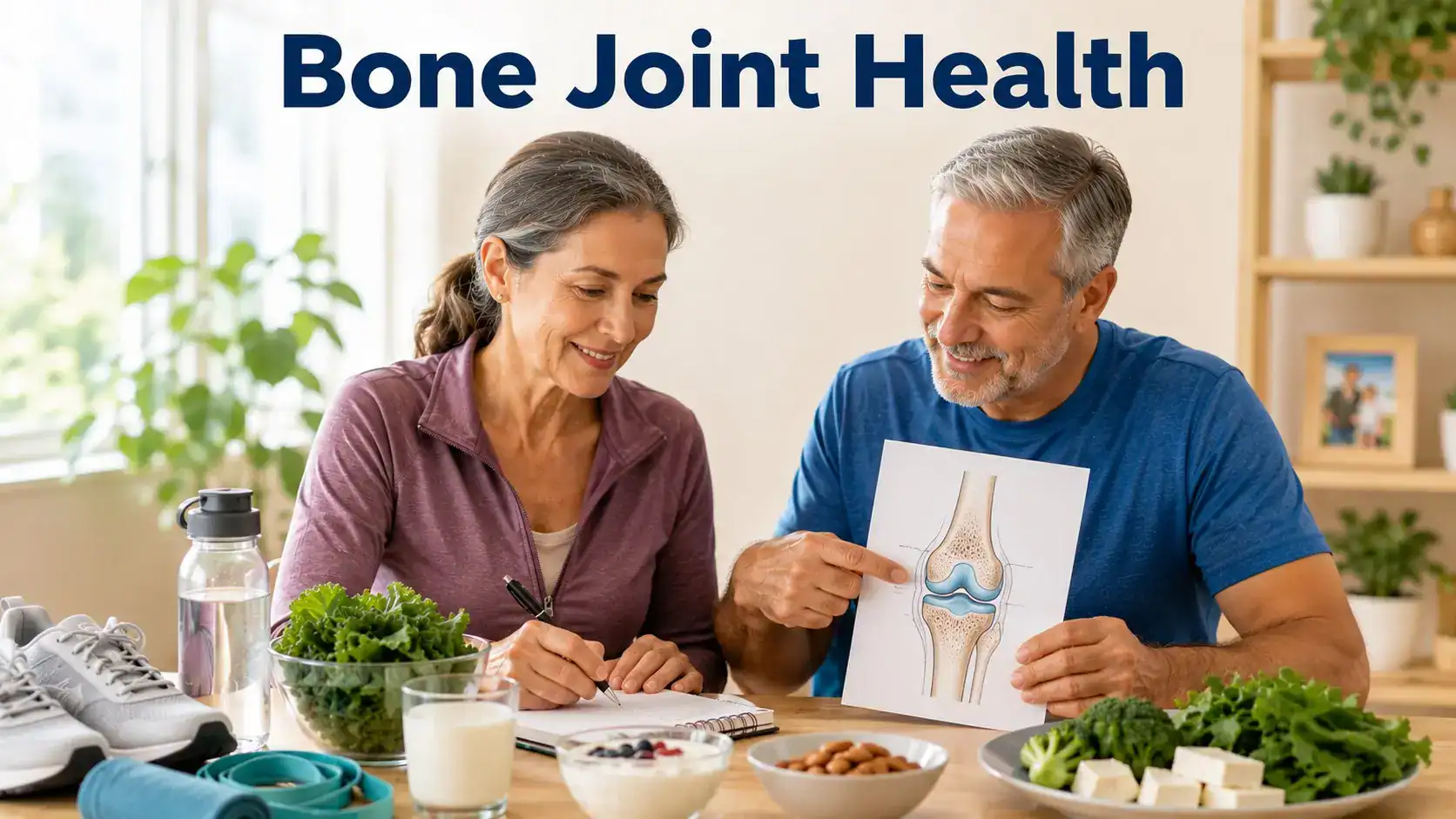 Adults reviewing bone and joint health habits with bone density information, walking shoes, resistance bands, and wellness notes