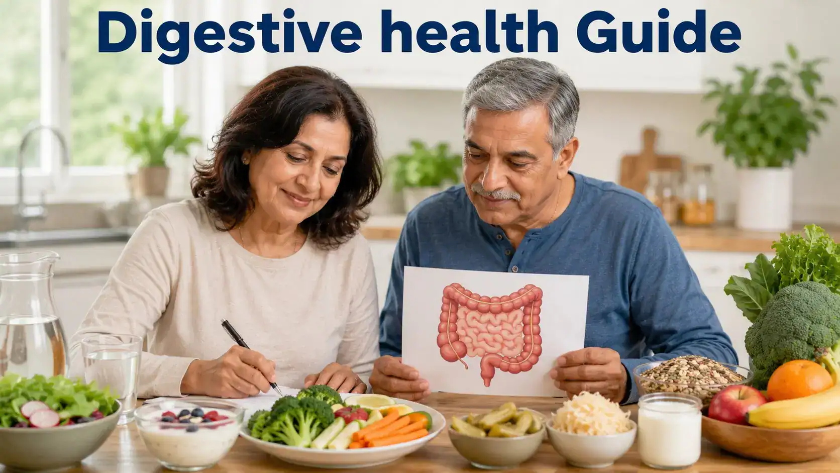 Adults reviewing digestive-health habits with vegetables, water, fiber-rich foods, and gut-health notes