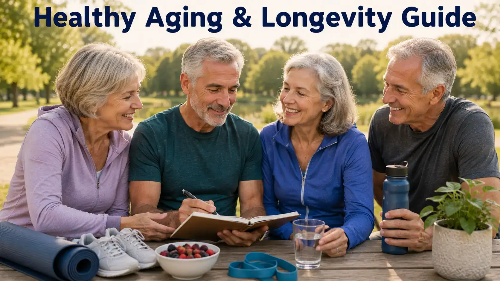 Older adults supporting healthy aging with walking, resistance exercise, hydration, nutritious food, and social activity