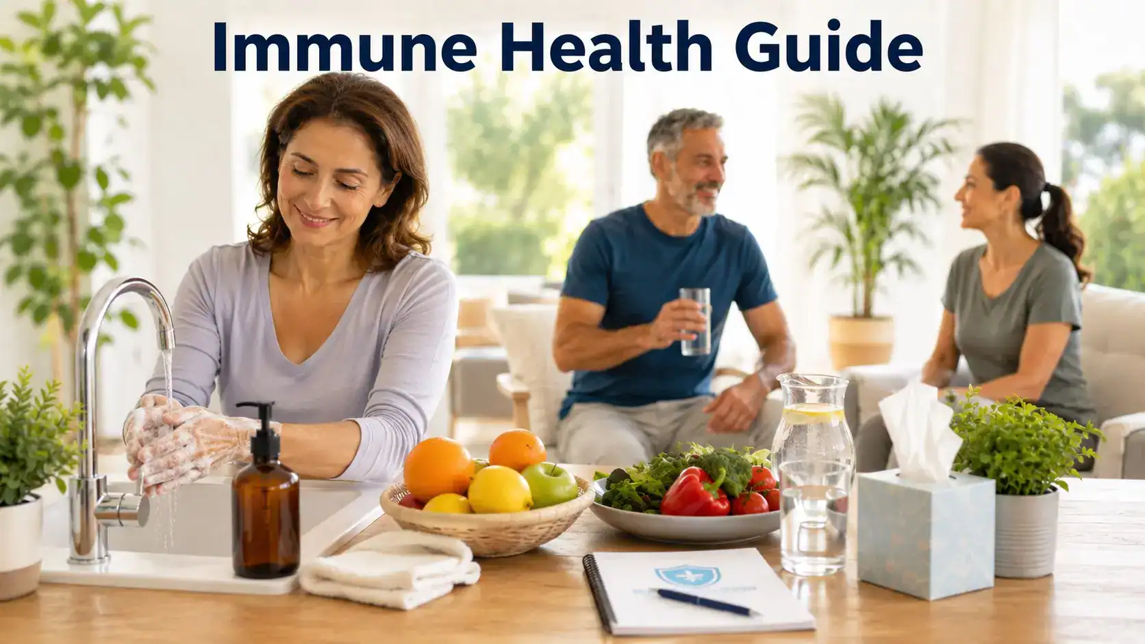 Adults reviewing infection-prevention and immune-health habits with handwashing supplies, nutritious foods, water, tissues, and health notes