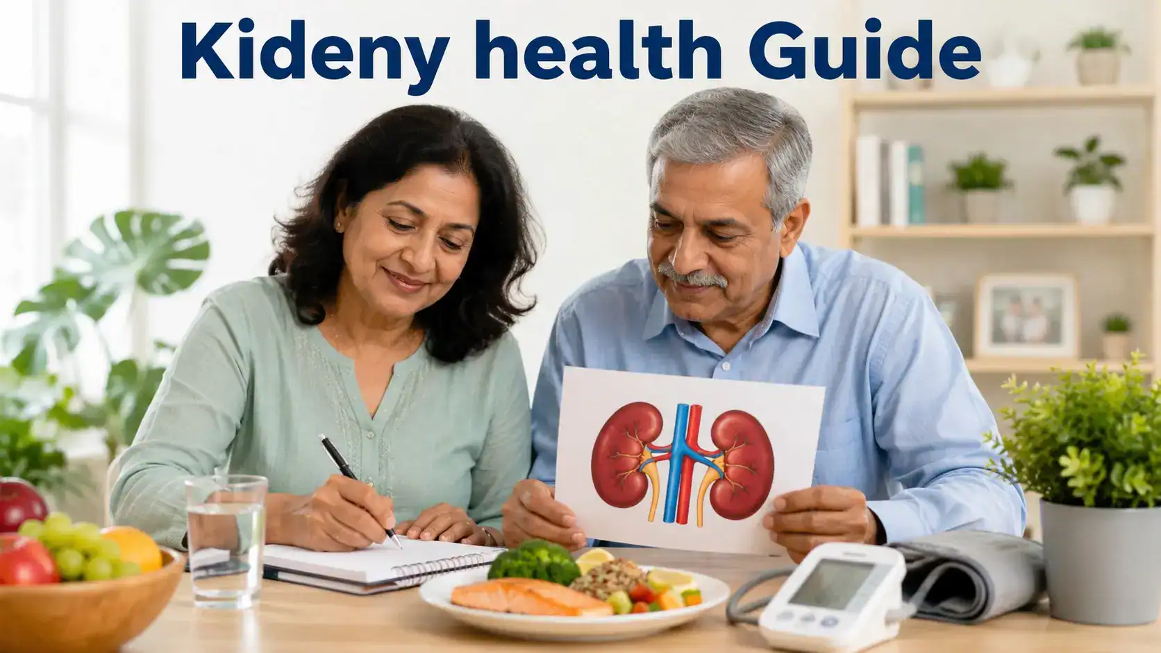 Adults reviewing kidney-health habits with water, a blood pressure monitor, balanced food, and wellness notes