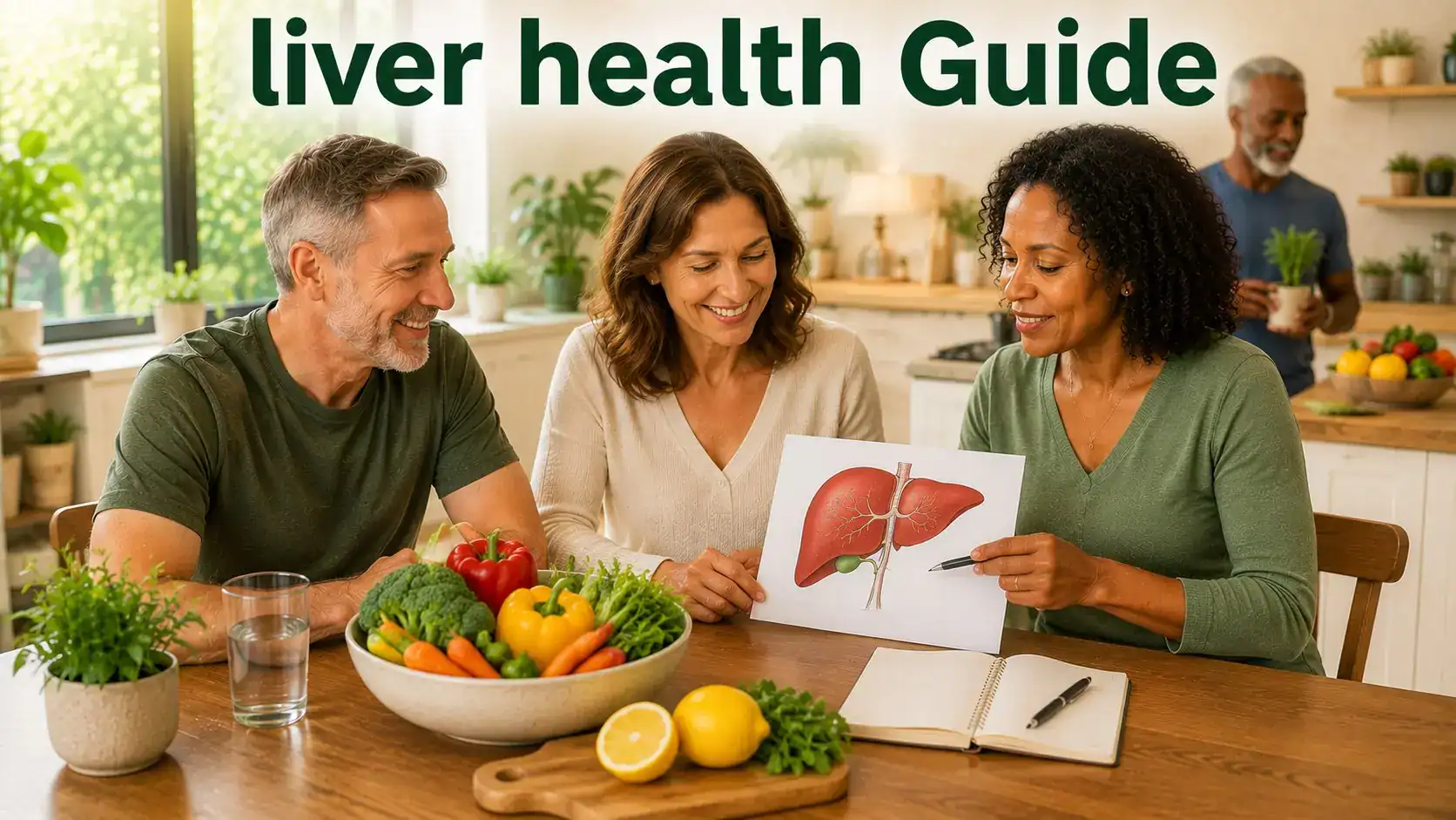 Adults reviewing liver-health habits with vegetables, water, and wellness notes