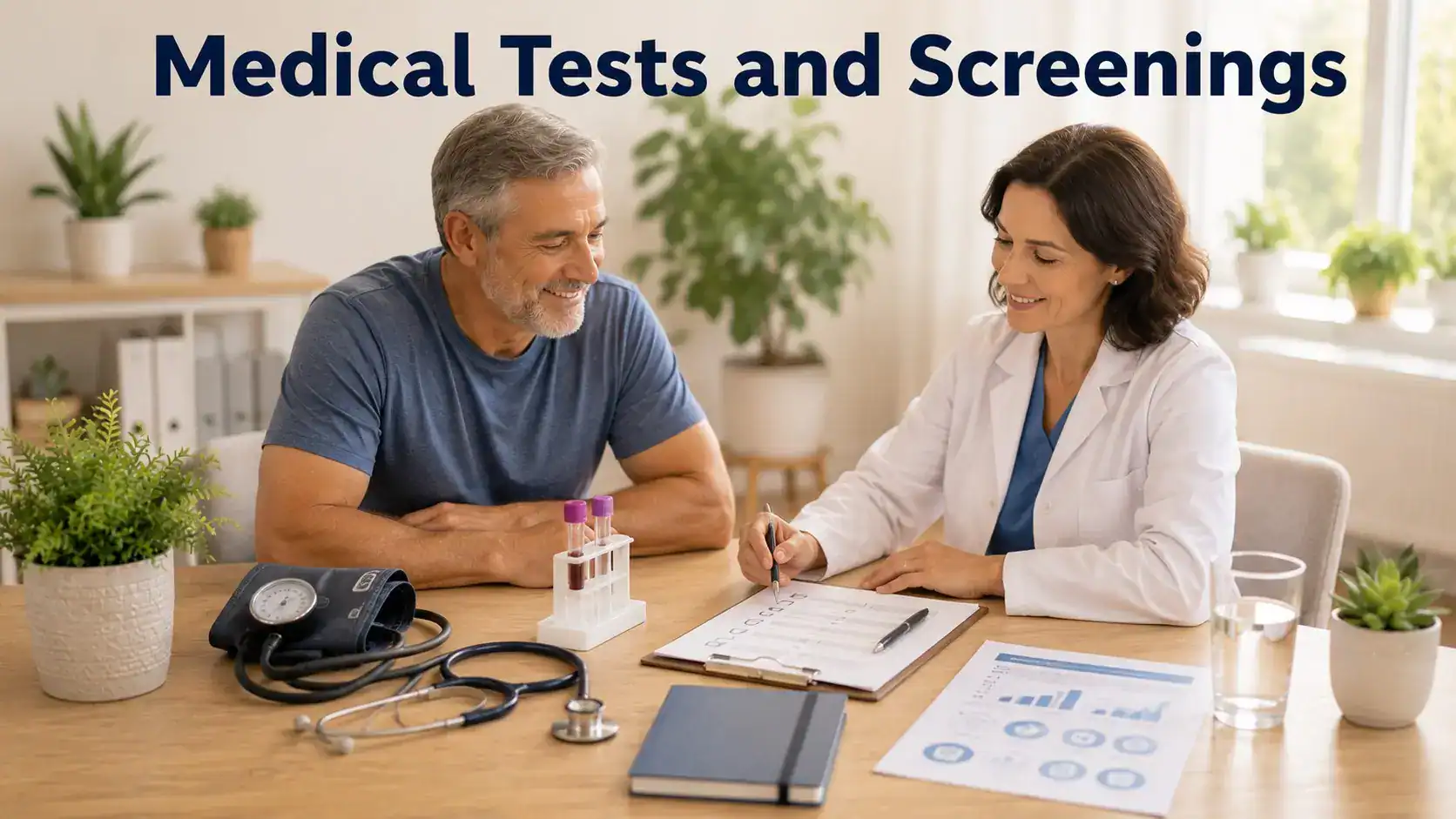 Medical screening setup with blood pressure cuff, laboratory tube, test report, checklist, and stethoscope