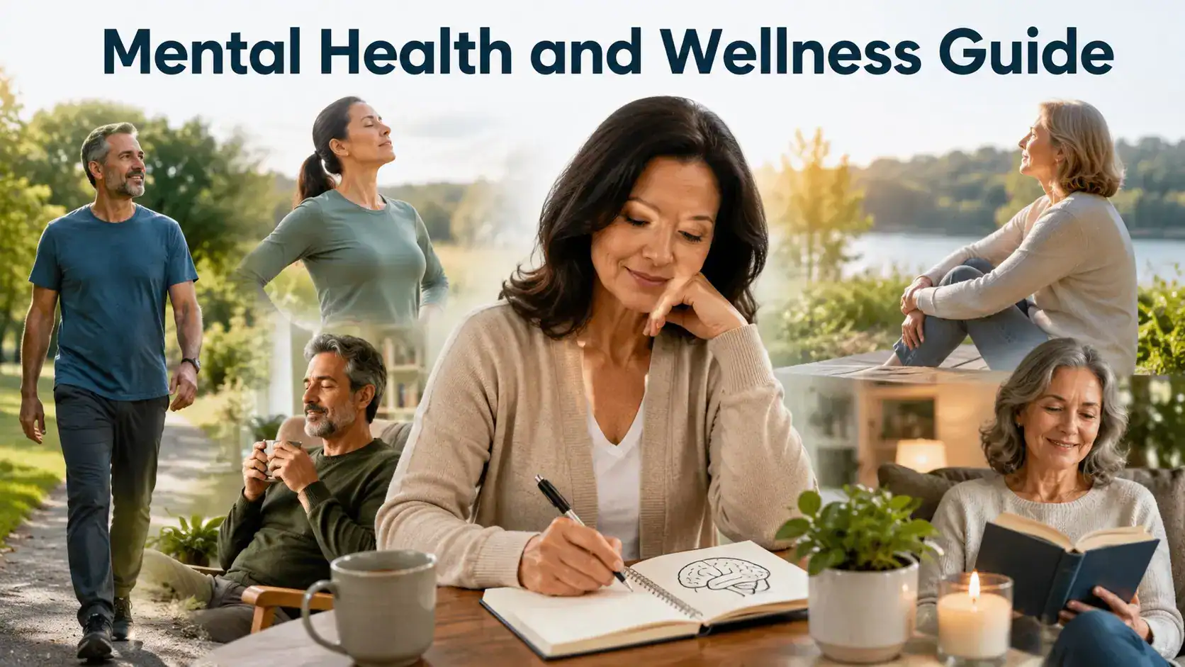 Adults practicing mental-health and wellness habits with journaling, walking, deep breathing, and calm self-care activities