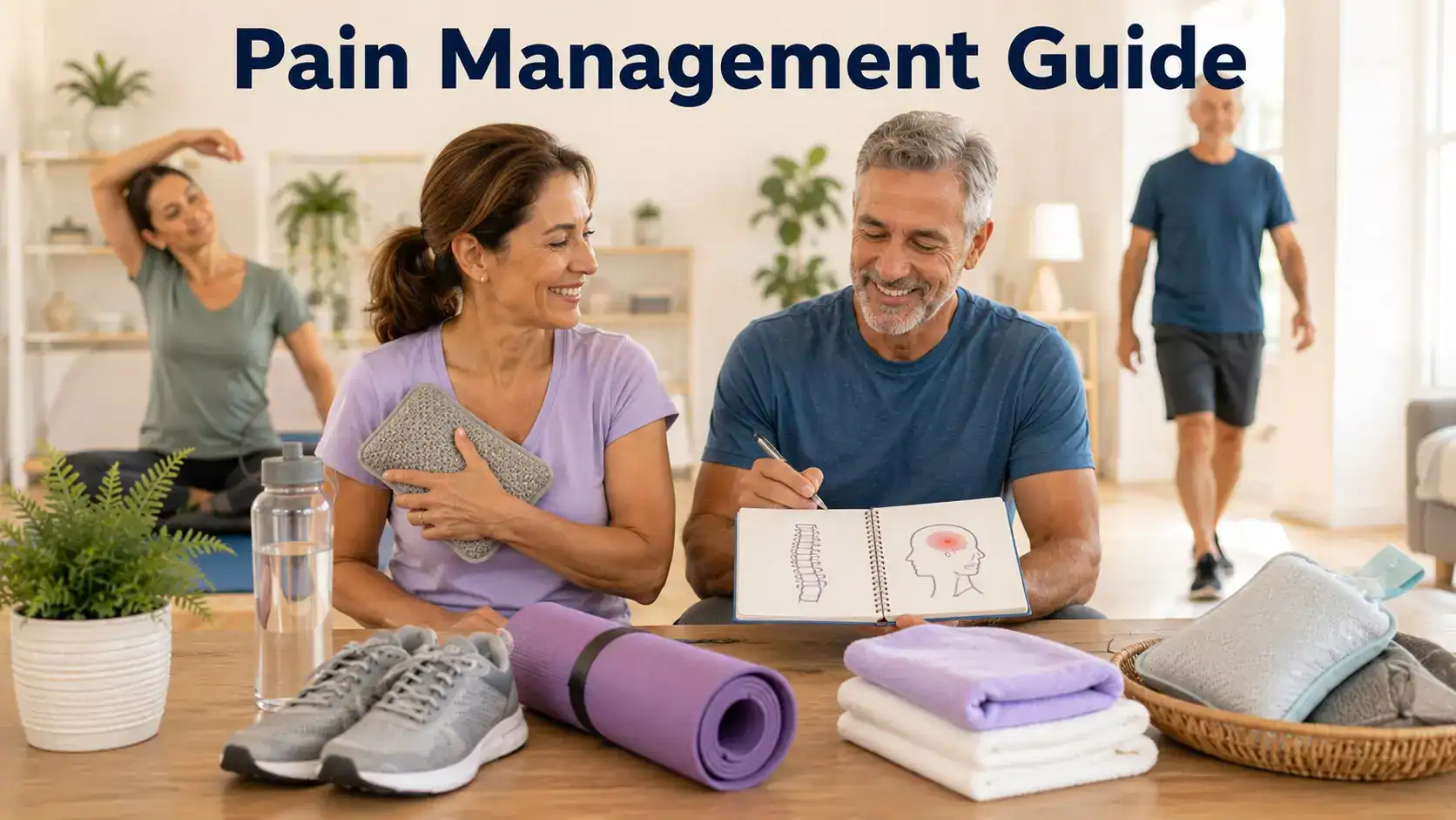 Adults reviewing pain-management information with a warm compress, walking shoes, stretching mat, water, and health notes