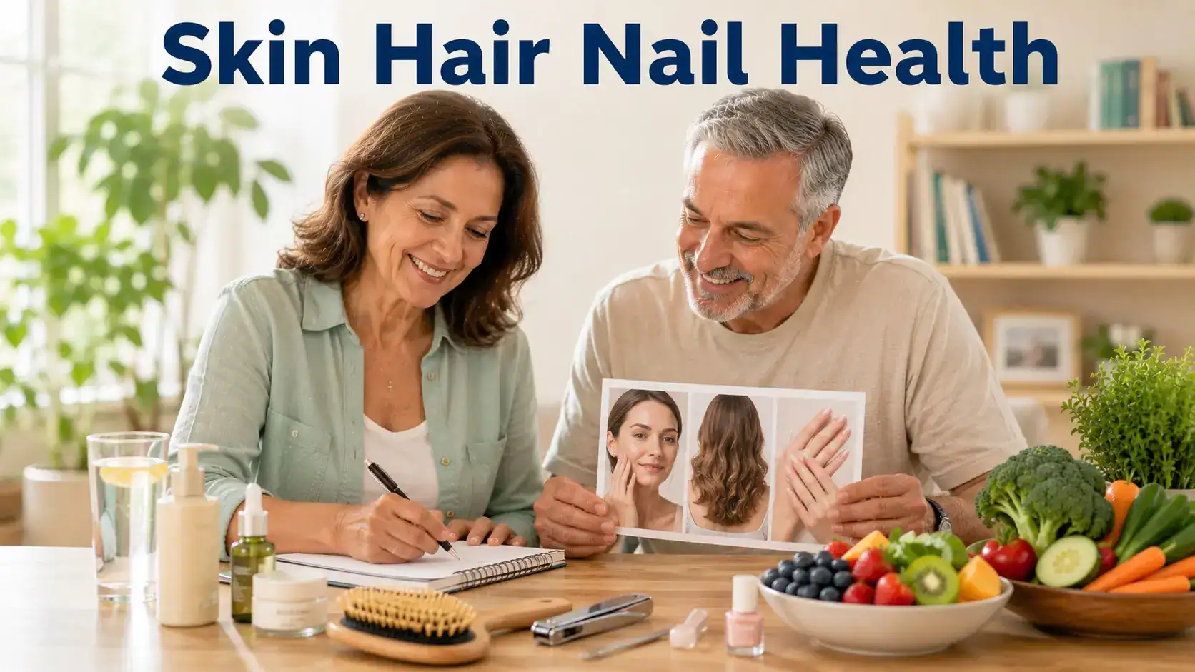 Adults reviewing skin, hair, and nail health habits with gentle skin care items, a hairbrush, nail tools, water, and wellness notes