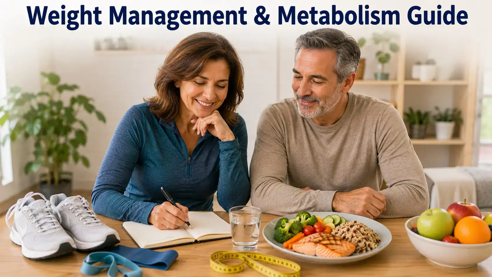 Adults supporting weight management with balanced meals, walking, strength training, sleep, hydration, and health tracking