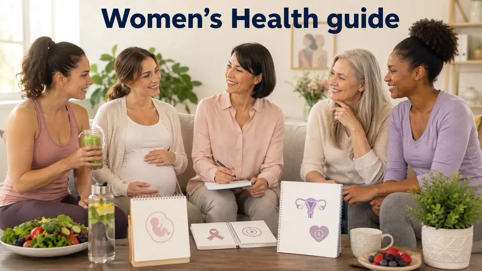 Women at different adult life stages reviewing health information about pregnancy, menopause, breast health, nutrition, and preventive care