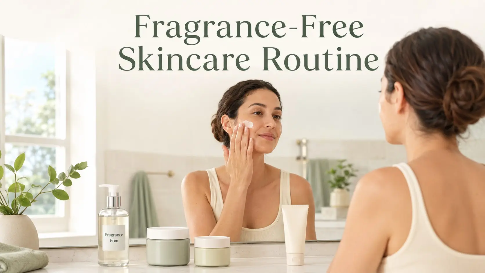 skincare for humid weather- Woman applying lightweight skincare during humid weather with cleanser, moisturizer, and sunscreen nearby