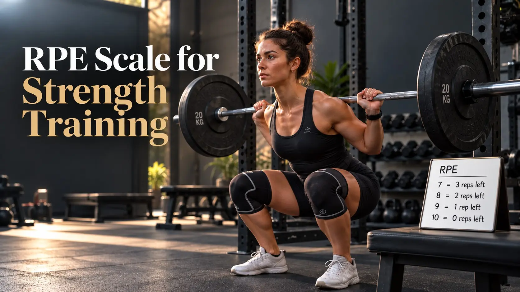 RPE Scale for Strength Training showing a lifter using reps in reserve to rate a working set