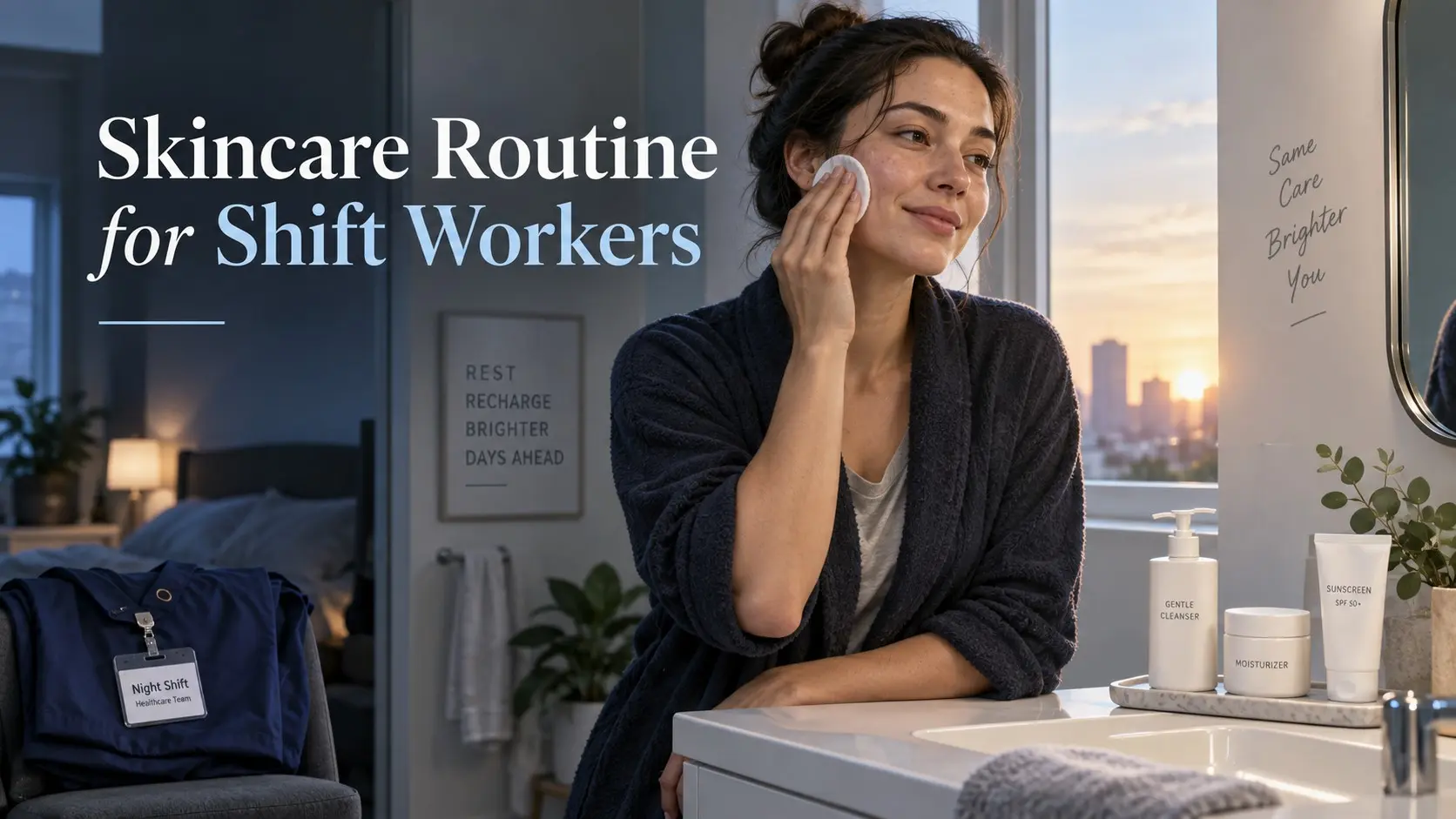 Skincare routine for shift workers with cleanser moisturizer and sunscreen after a night shift