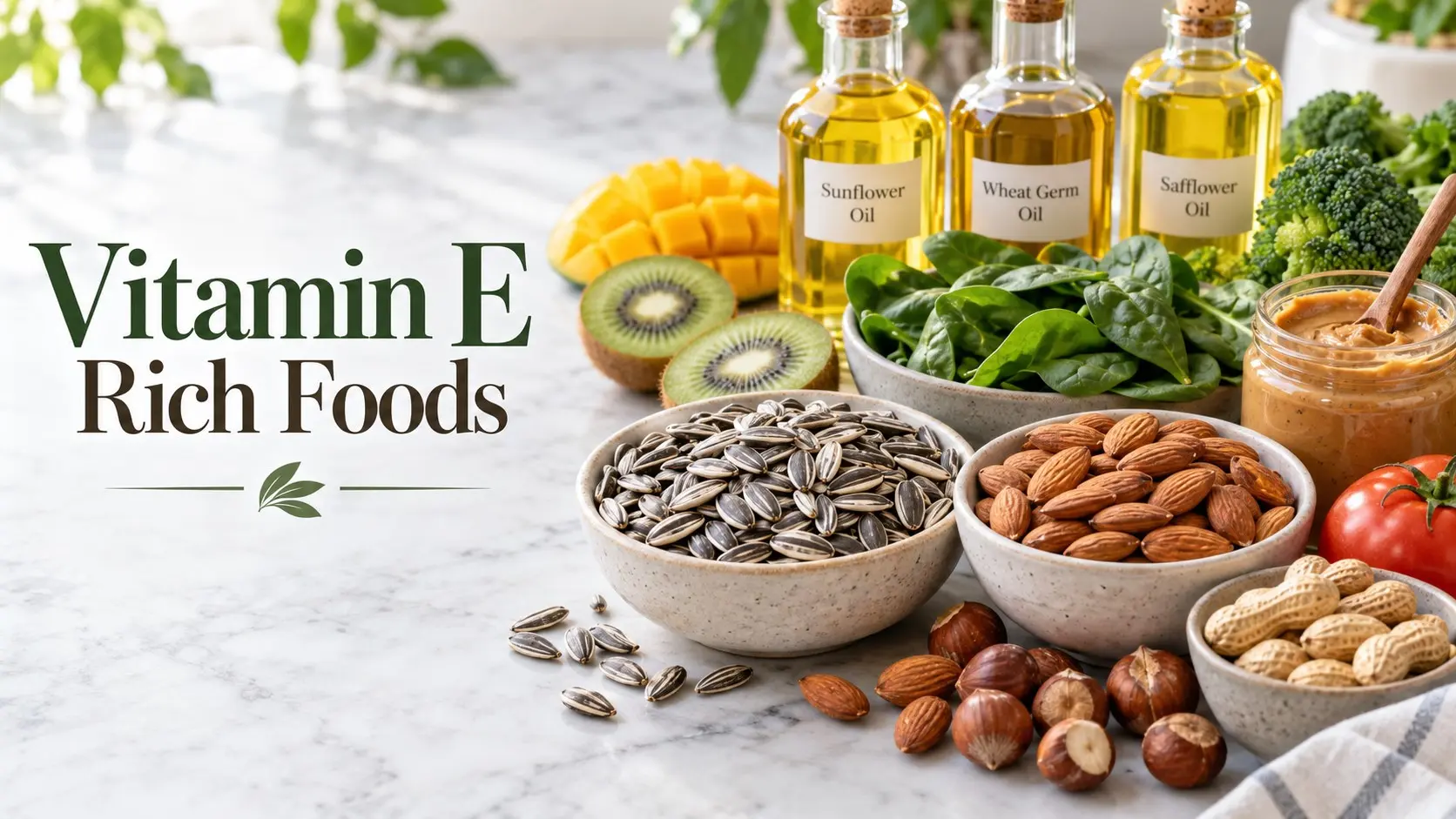 Vitamin E Rich Foods with sunflower seeds almonds hazelnuts spinach broccoli kiwi mango and plant oils