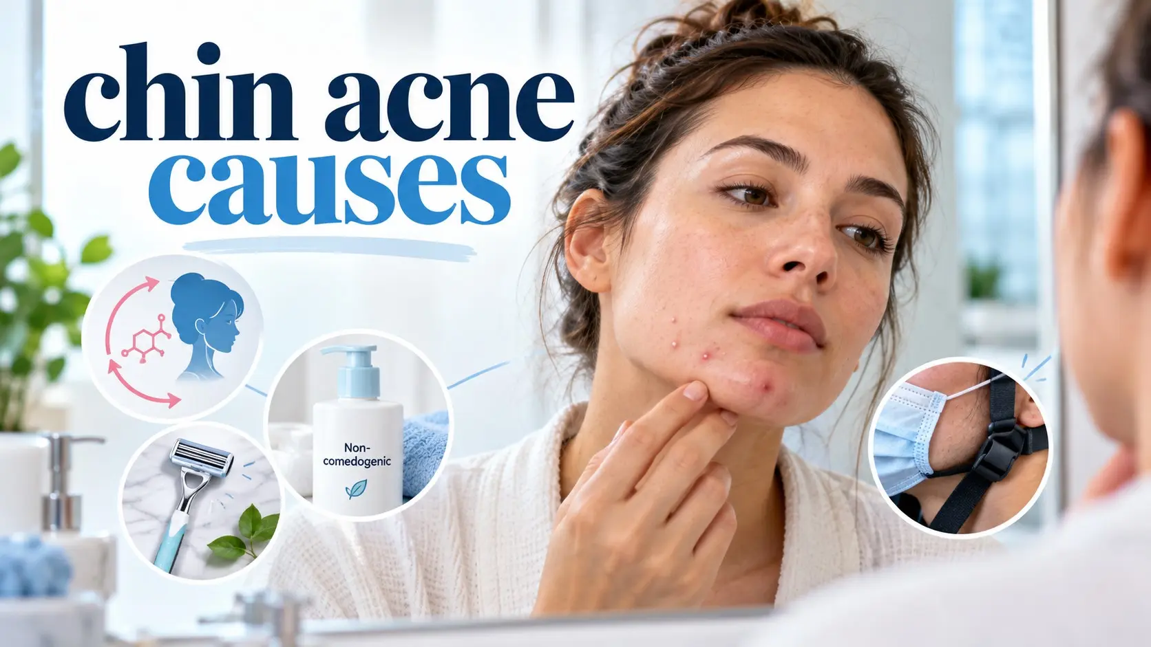Chin acne causes including hormonal changes, clogged pores, shaving irritation, skincare products, and friction