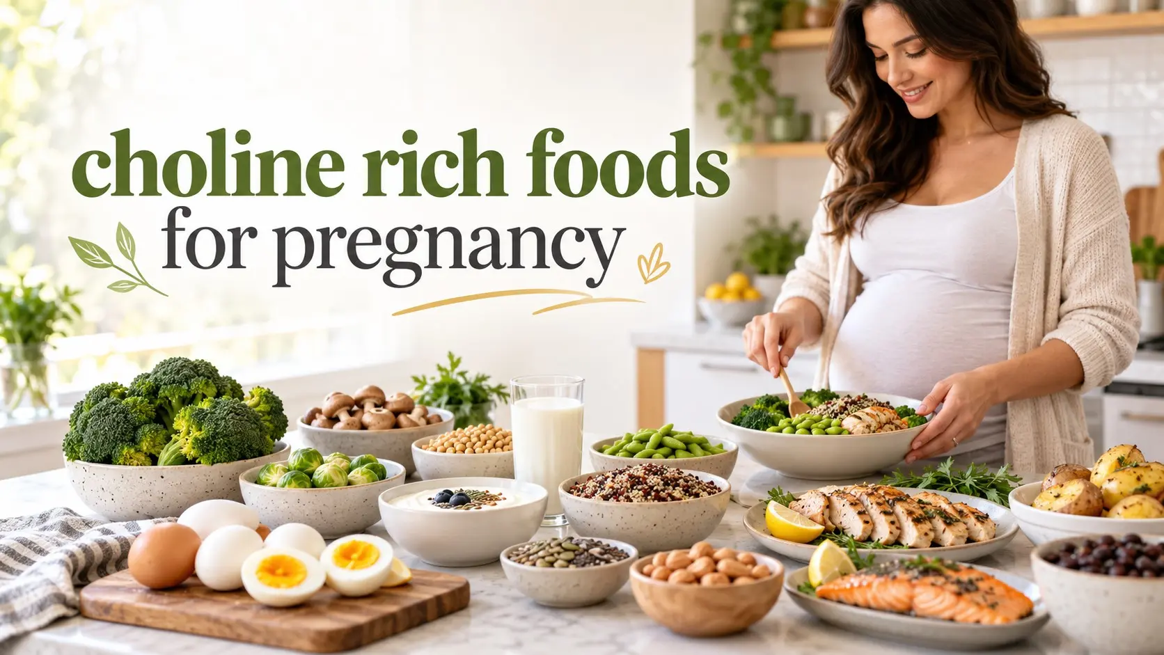 Choline rich foods for pregnancy including cooked eggs, soybeans, chicken, milk, quinoa, beans, potatoes, and broccoli