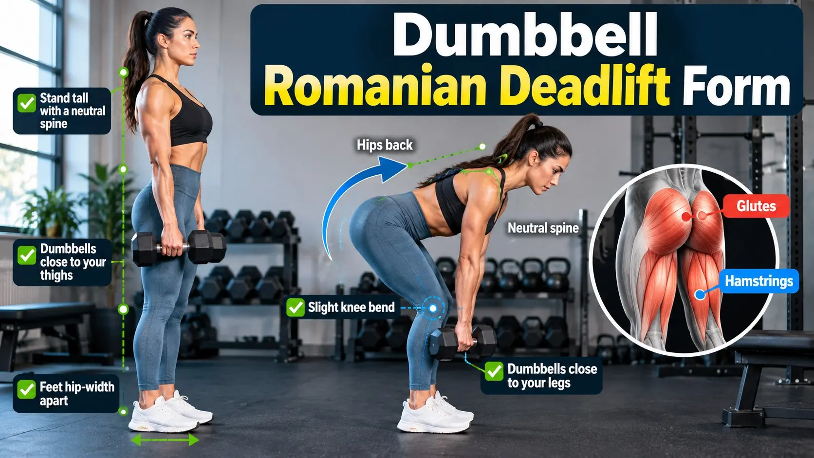 Dumbbell Romanian deadlift form side view showing a correct hip hinge