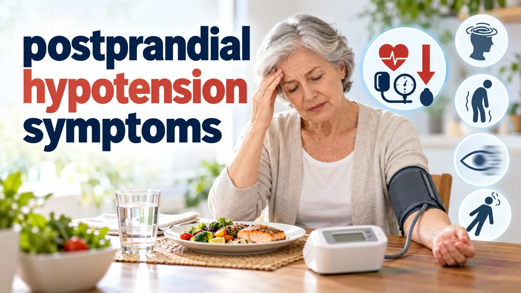 Postprandial hypotension symptoms after eating while checking blood pressure