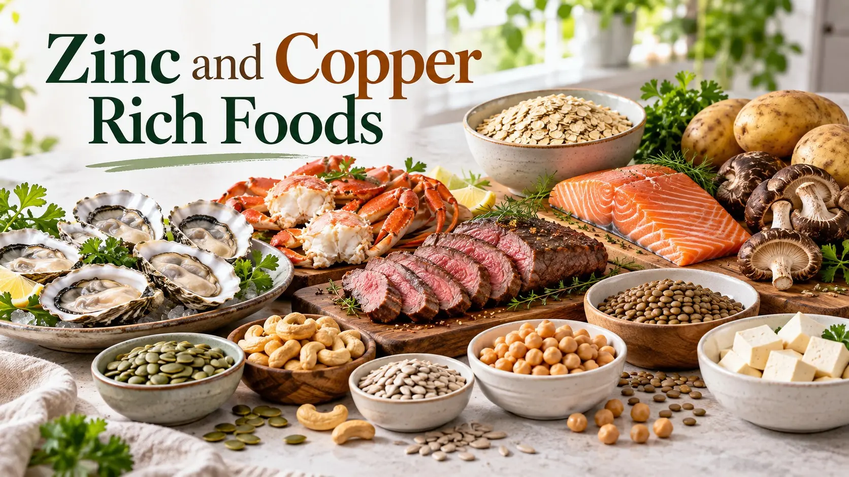 Zinc and copper rich foods including oysters, seeds, nuts, beans, tofu, salmon, potatoes, and whole grains